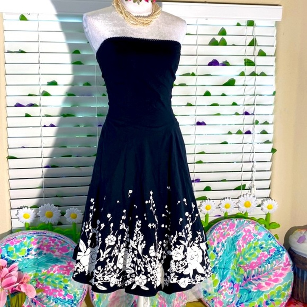 Up Front vintage strapless black dress with white floral print